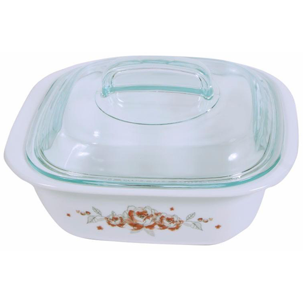 Corelle 1.41L Square Dish Brushed Stroke Roses W/ Glass Cover & Plastic Lid - bakeware bake house kitchenware bakers supplies baking